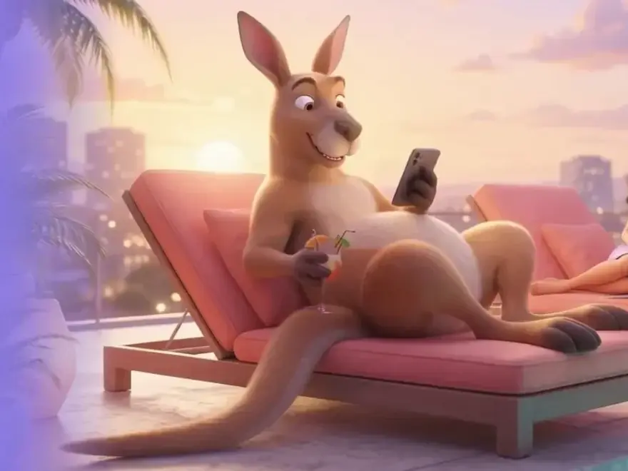 RooRoll kangaroo mascot relaxing poolside with a phone